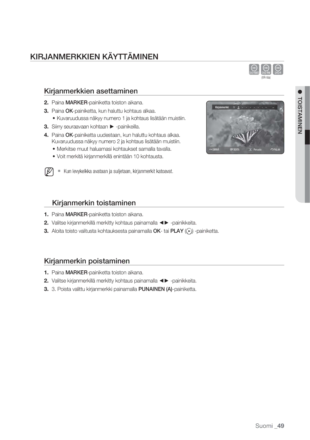 Samsung DVD-HR770/XEE manual Kirjanmerkkien Käyttäminen, Kirjanmerkkien asettaminen, Kirjanmerkin toistaminen 