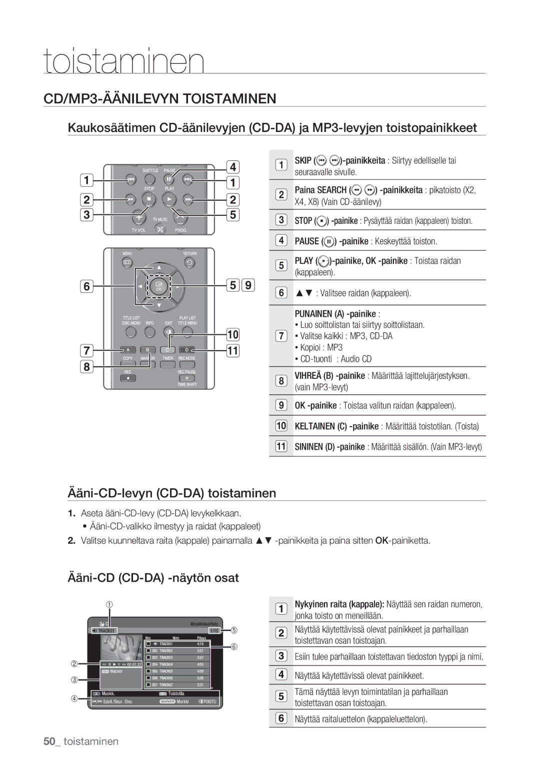 Samsung DVD-HR770/XEE manual CD/MP3-ÄÄNILEVYN Toistaminen, Ääni-CD-levyn CD-DA toistaminen, Ääni-CD CD-DA -näytön osat 