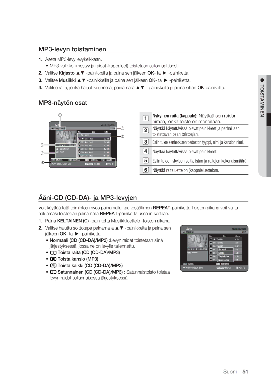 Samsung DVD-HR770/XEE manual MP3-levyn toistaminen, MP3-näytön osat, Ääni-CD CD-DA- ja MP3-levyjen 