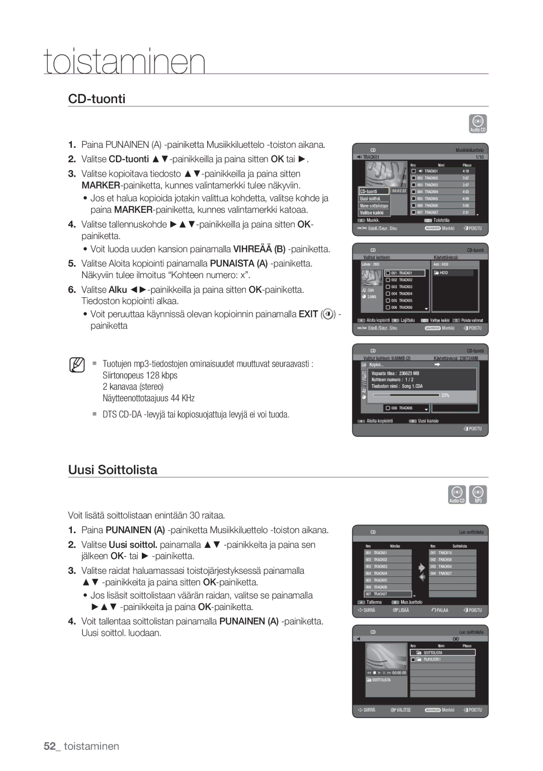 Samsung DVD-HR770/XEE manual Uusi Soittolista, Valitse CD-tuonti -painikkeilla ja paina sitten OK tai 