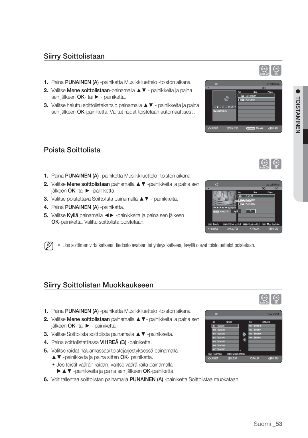 Samsung DVD-HR770/XEE manual Siirry Soittolistaan, Poista Soittolista, Siirry Soittolistan Muokkaukseen 