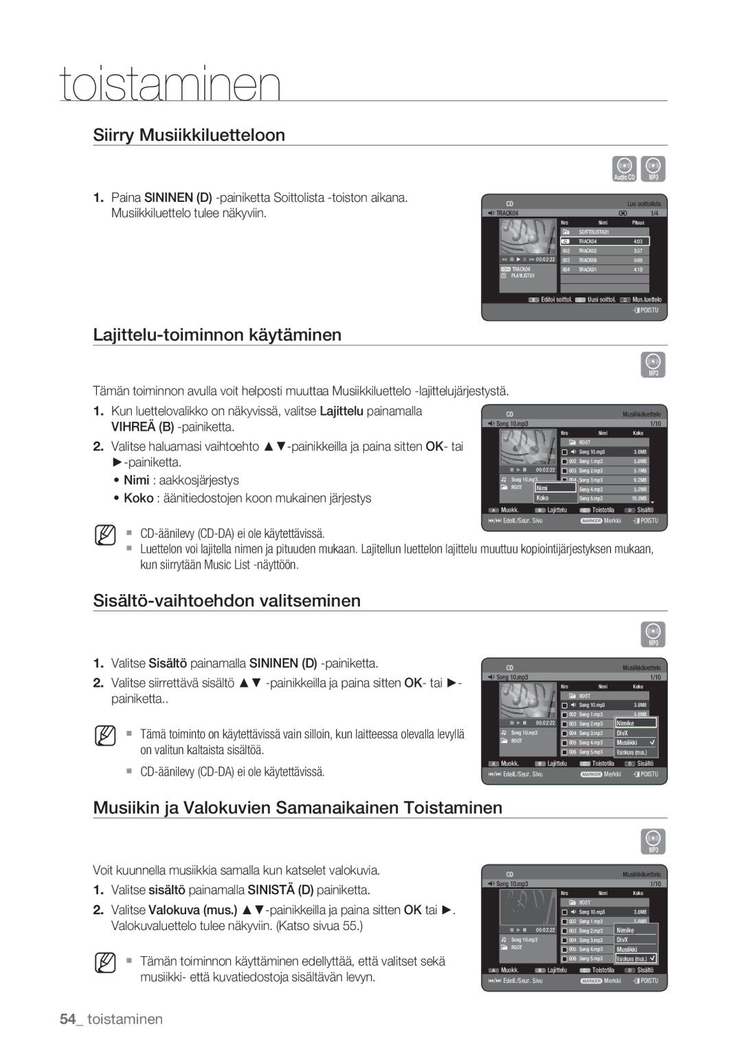 Samsung DVD-HR770/XEE manual Siirry Musiikkiluetteloon, Lajittelu-toiminnon käytäminen, Sisältö-vaihtoehdon valitseminen 