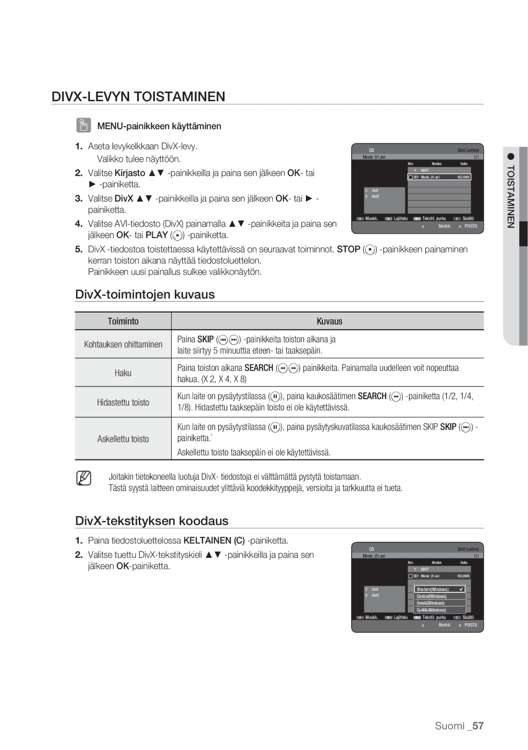 Samsung DVD-HR770/XEE manual DIVX-LEVYN Toistaminen, DivX-toimintojen kuvaus, DivX-tekstityksen koodaus 