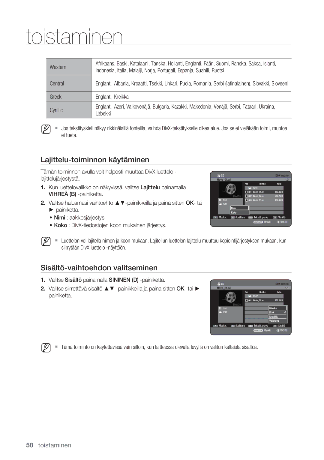 Samsung DVD-HR770/XEE manual Western, Central, Greek Englanti, Kreikka Cyrillic, Uzbekki 