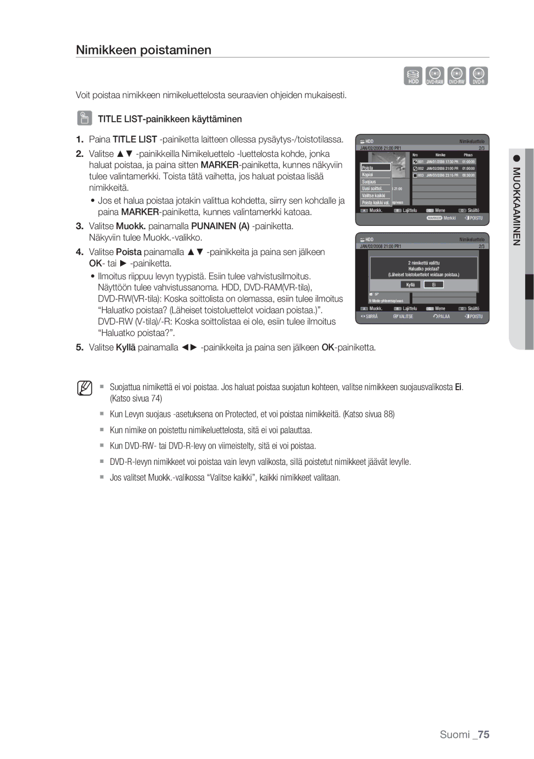 Samsung DVD-HR770/XEE manual Nimikkeen poistaminen 