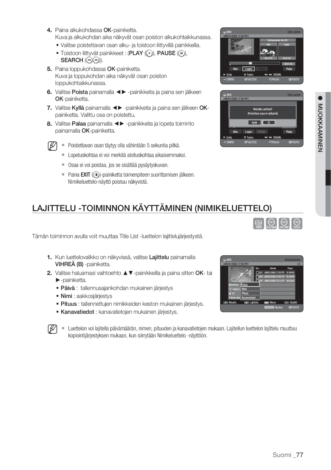 Samsung DVD-HR770/XEE manual Lajittelu -TOIMINNON Käyttäminen Nimikeluettelo, Search 