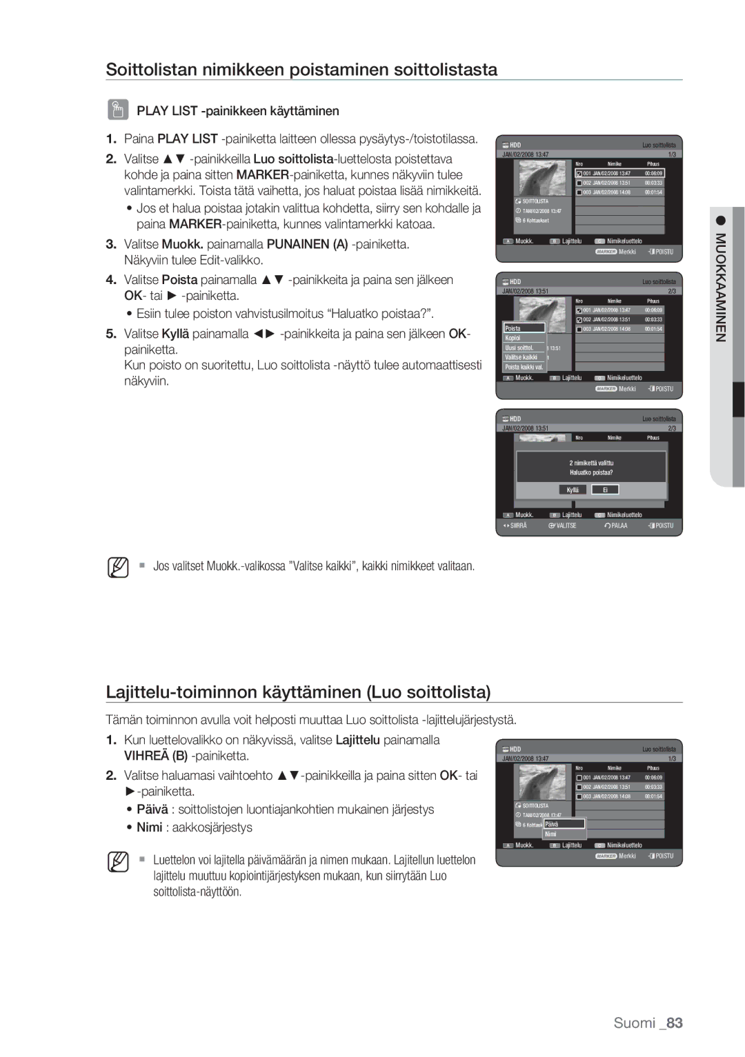 Samsung DVD-HR770/XEE Soittolistan nimikkeen poistaminen soittolistasta, Lajittelu-toiminnon käyttäminen Luo soittolista 