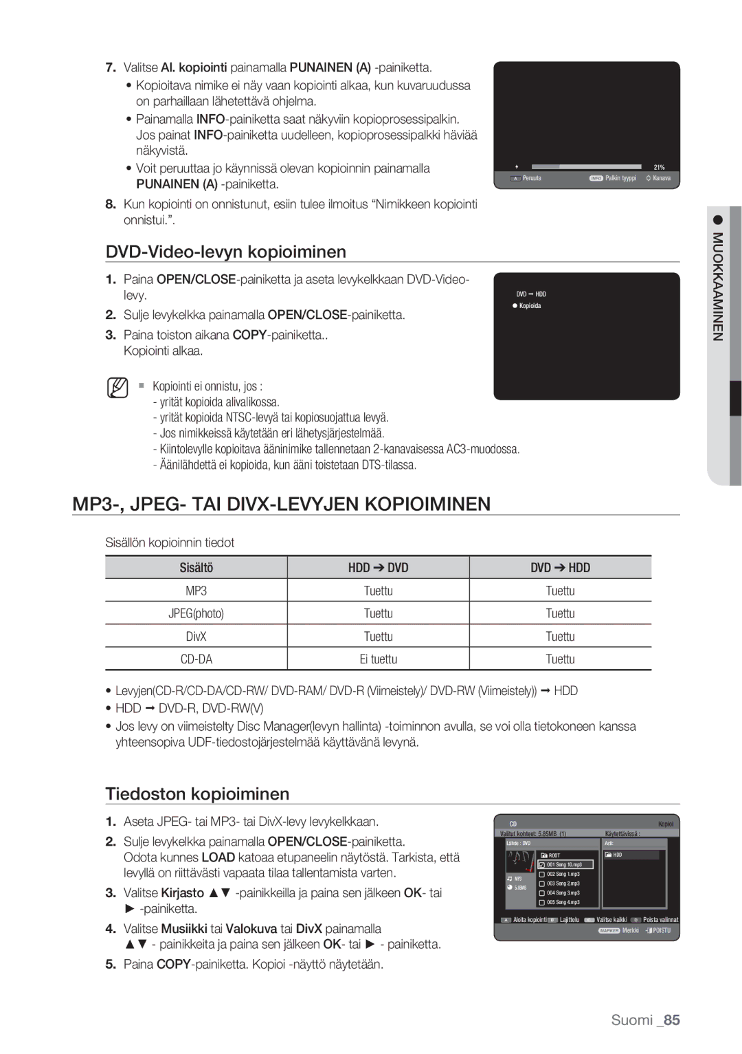 Samsung DVD-HR770/XEE manual MP3-, JPEG- TAI DIVX-LEVYJEN Kopioiminen, DVD-Video-levyn kopioiminen, Tiedoston kopioiminen 