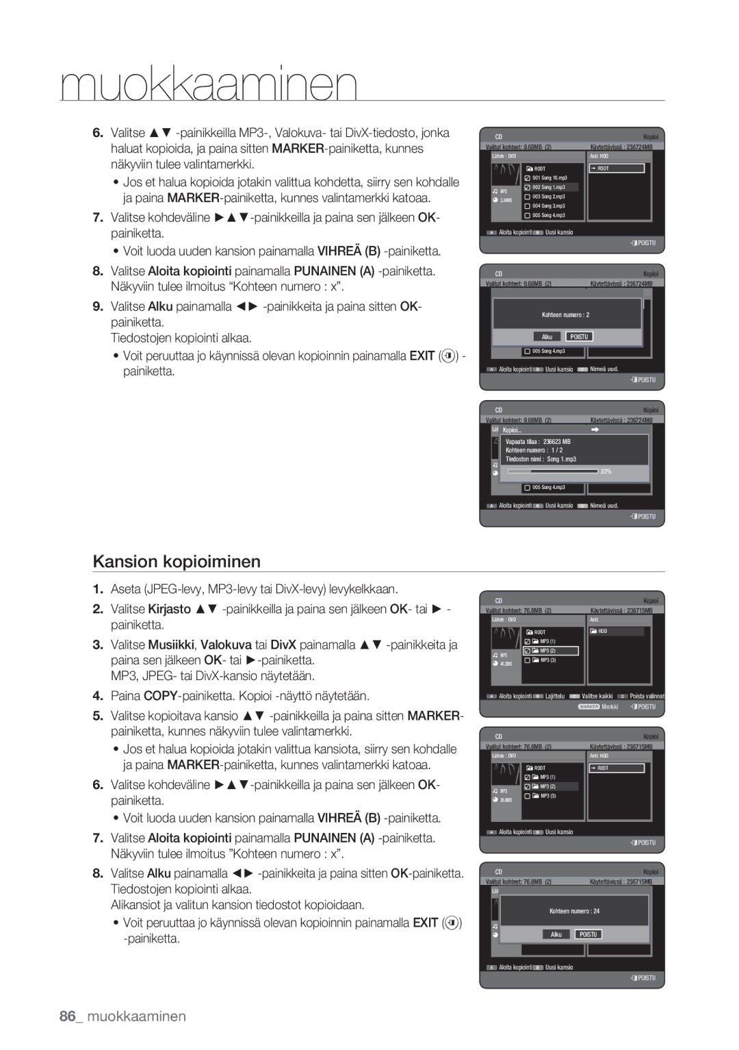 Samsung DVD-HR770/XEE manual Kansion kopioiminen, Poistu 