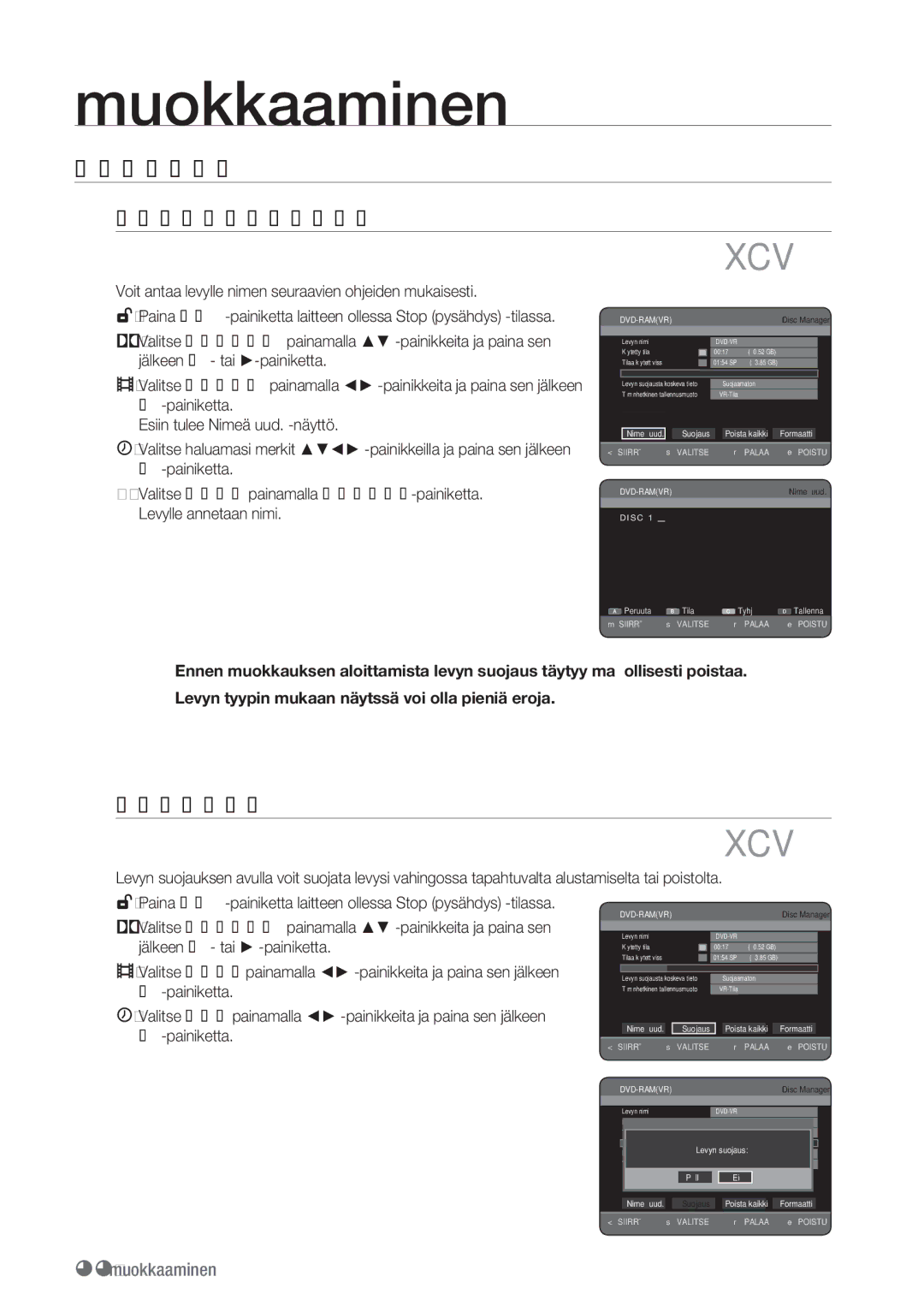 Samsung DVD-HR770/XEE manual Levyn Hallinta, Levyn nimen muokkaaminen, Levyn suojaus 