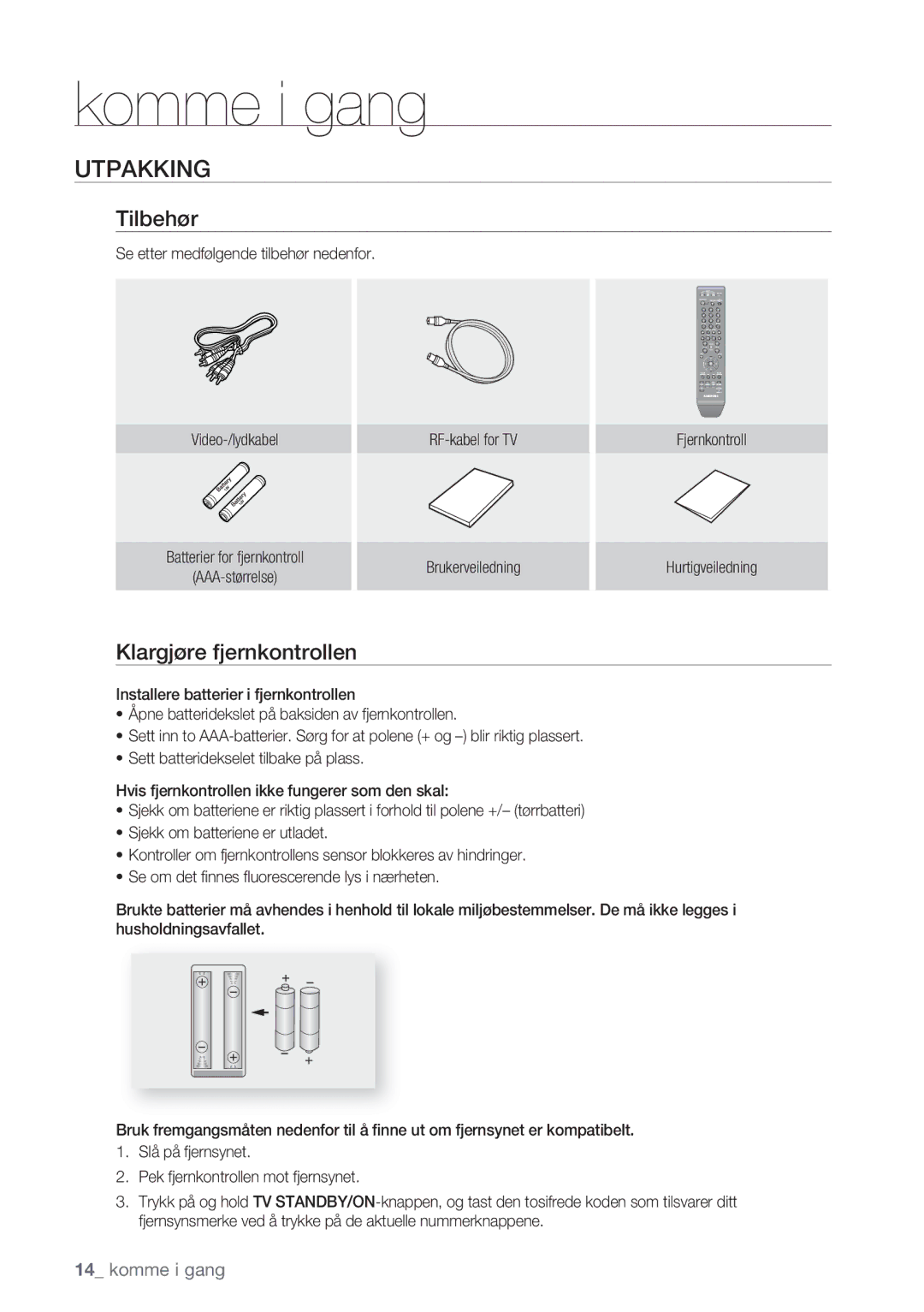 Samsung DVD-HR770/XEE manual Utpakking, Tilbehør, Klargjøre fjernkontrollen 