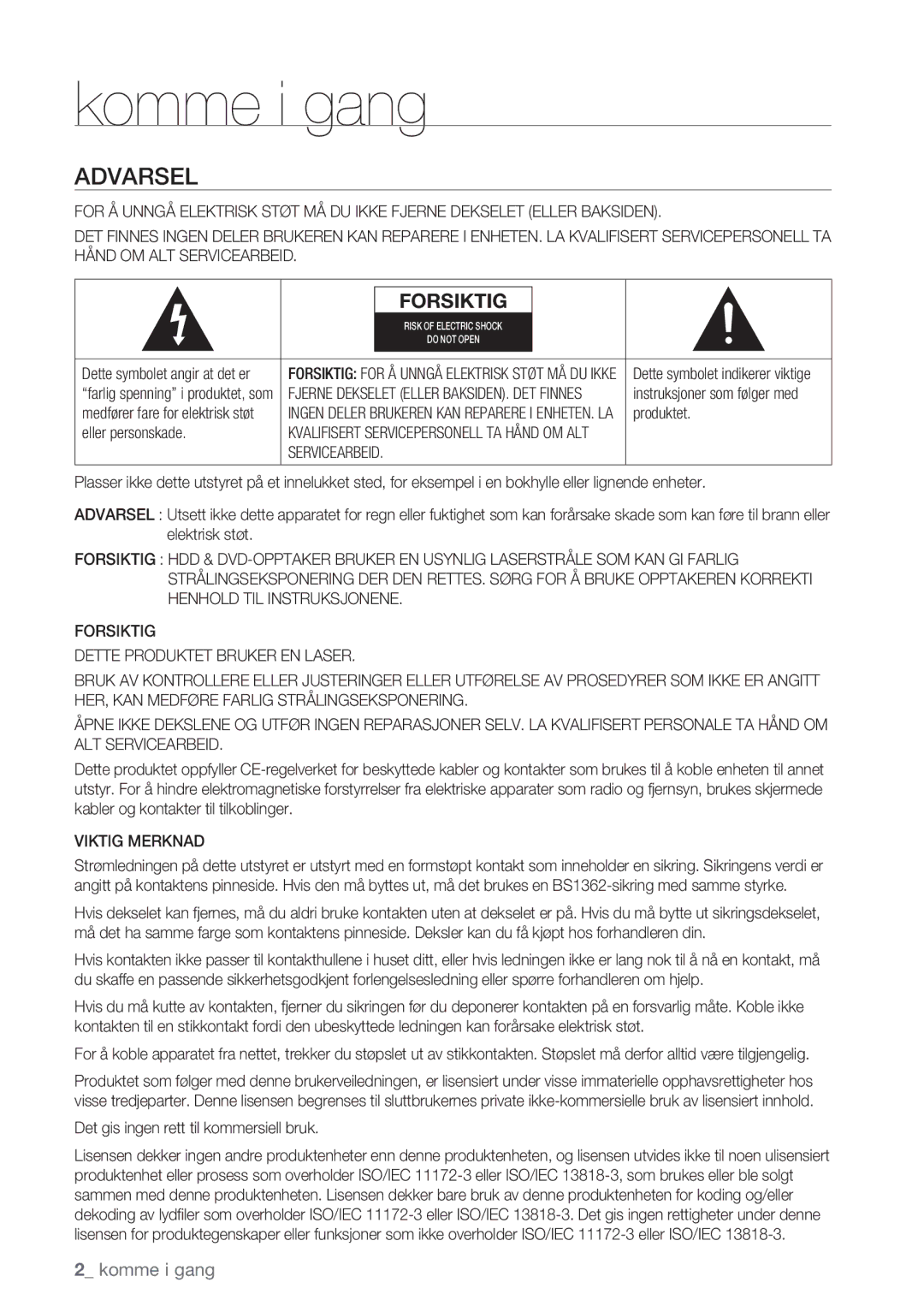 Samsung DVD-HR770/XEE manual Komme i gang, Servicearbeid, Viktig Merknad 