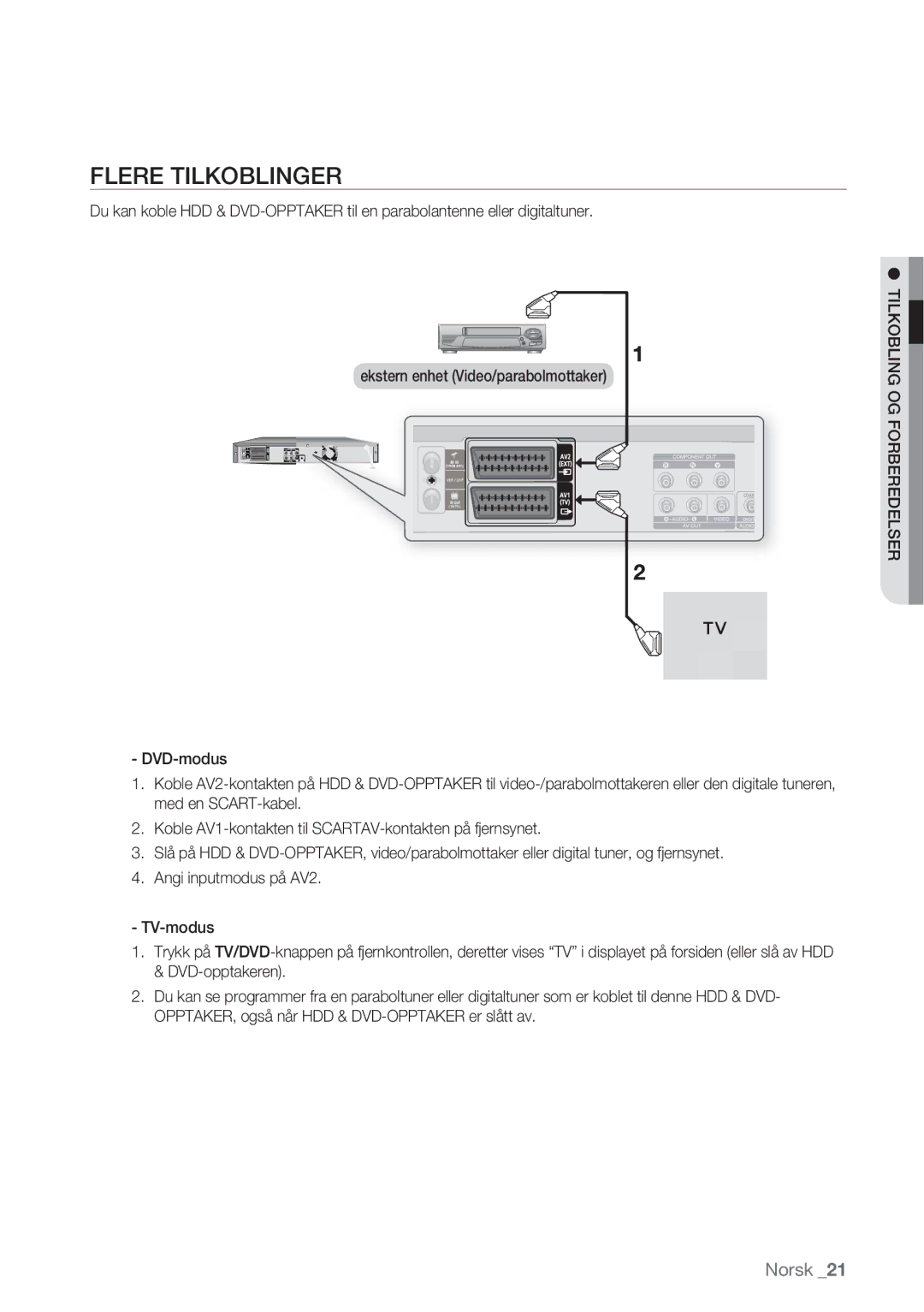 Samsung DVD-HR770/XEE manual Flere Tilkoblinger, Tilkobling OG Forberedelser 