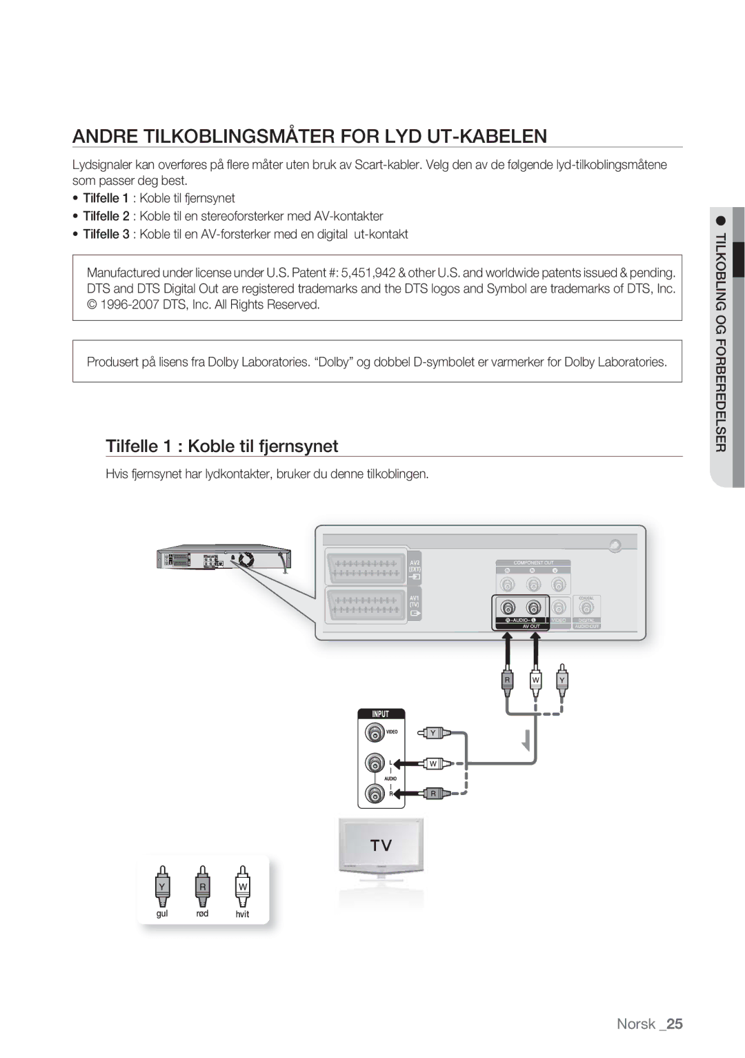 Samsung DVD-HR770/XEE manual Andre Tilkoblingsmåter for LYD UT-KABELEN, Tilfelle 1 Koble til fjernsynet 