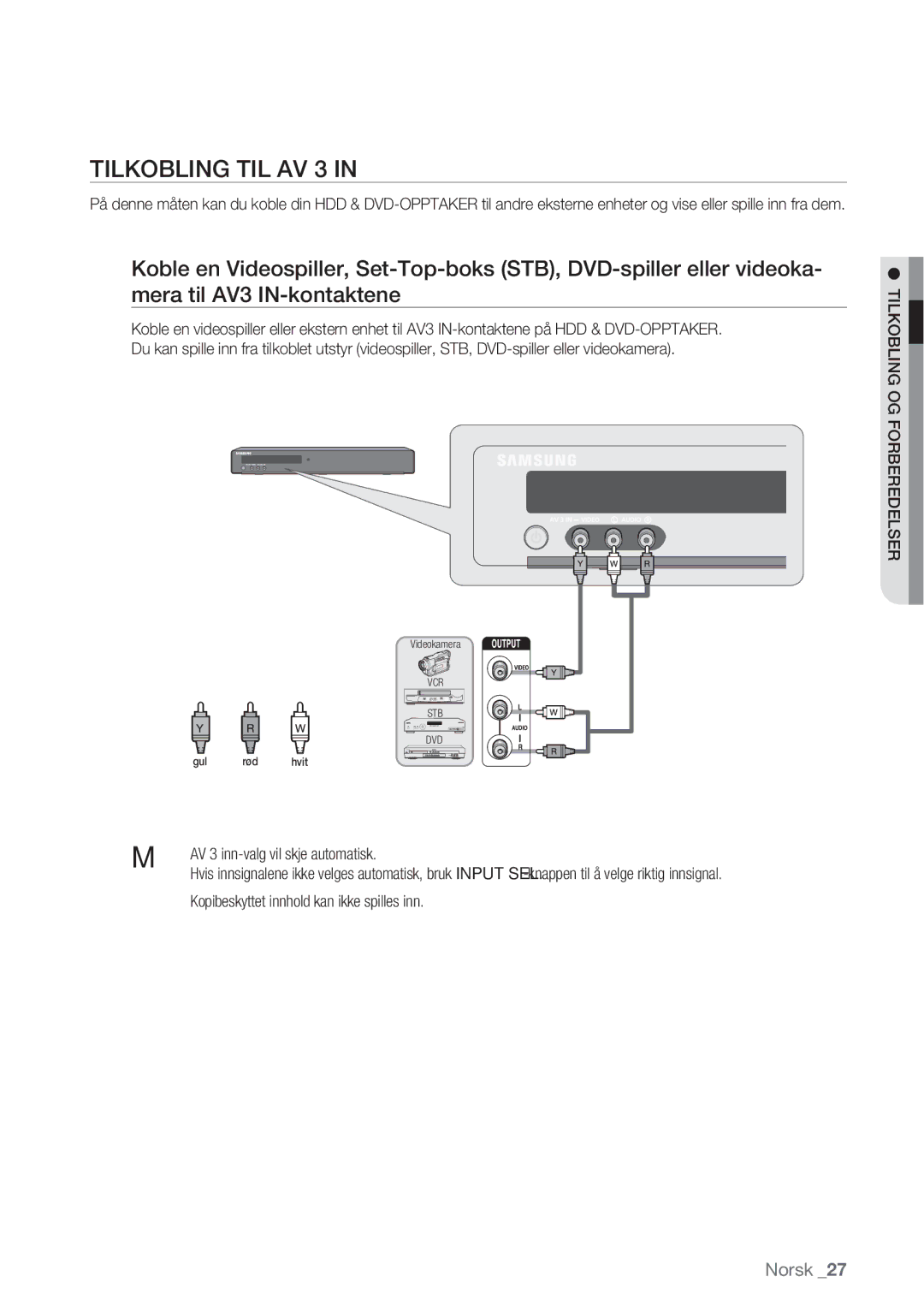 Samsung DVD-HR770/XEE manual Tilkobling TIL AV 3,  AV 3 inn-valg vil skje automatisk 