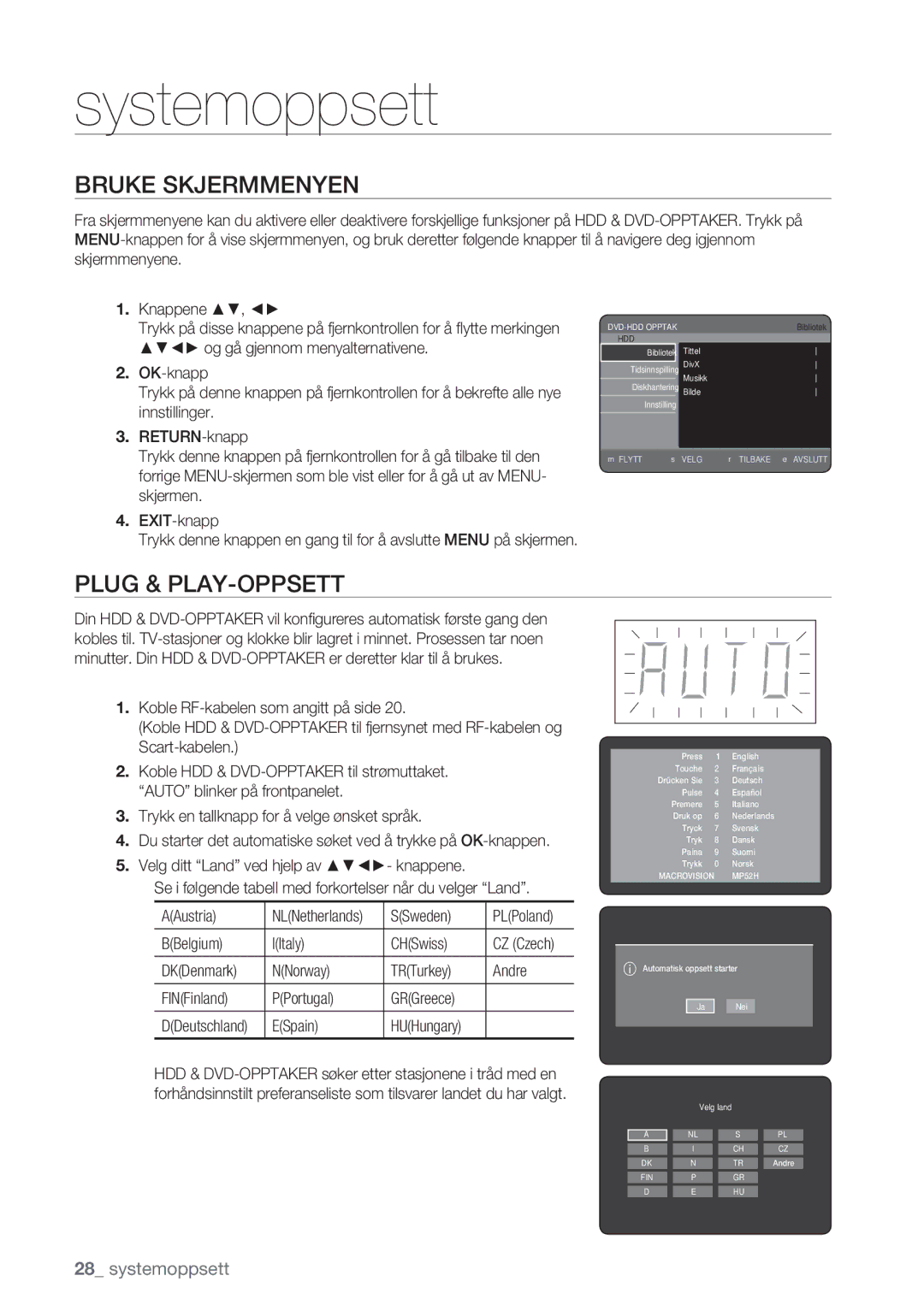 Samsung DVD-HR770/XEE manual Systemoppsett, Bruke Skjermmenyen, Plug & PLAY-OPPSETT 