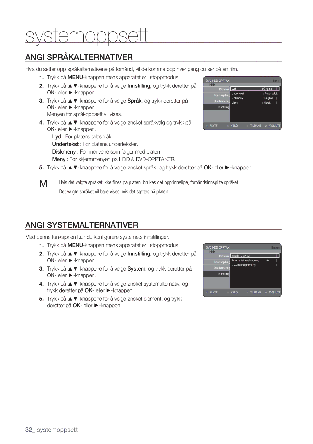 Samsung DVD-HR770/XEE manual Angi Språkalternativer, Angi Systemalternativer 