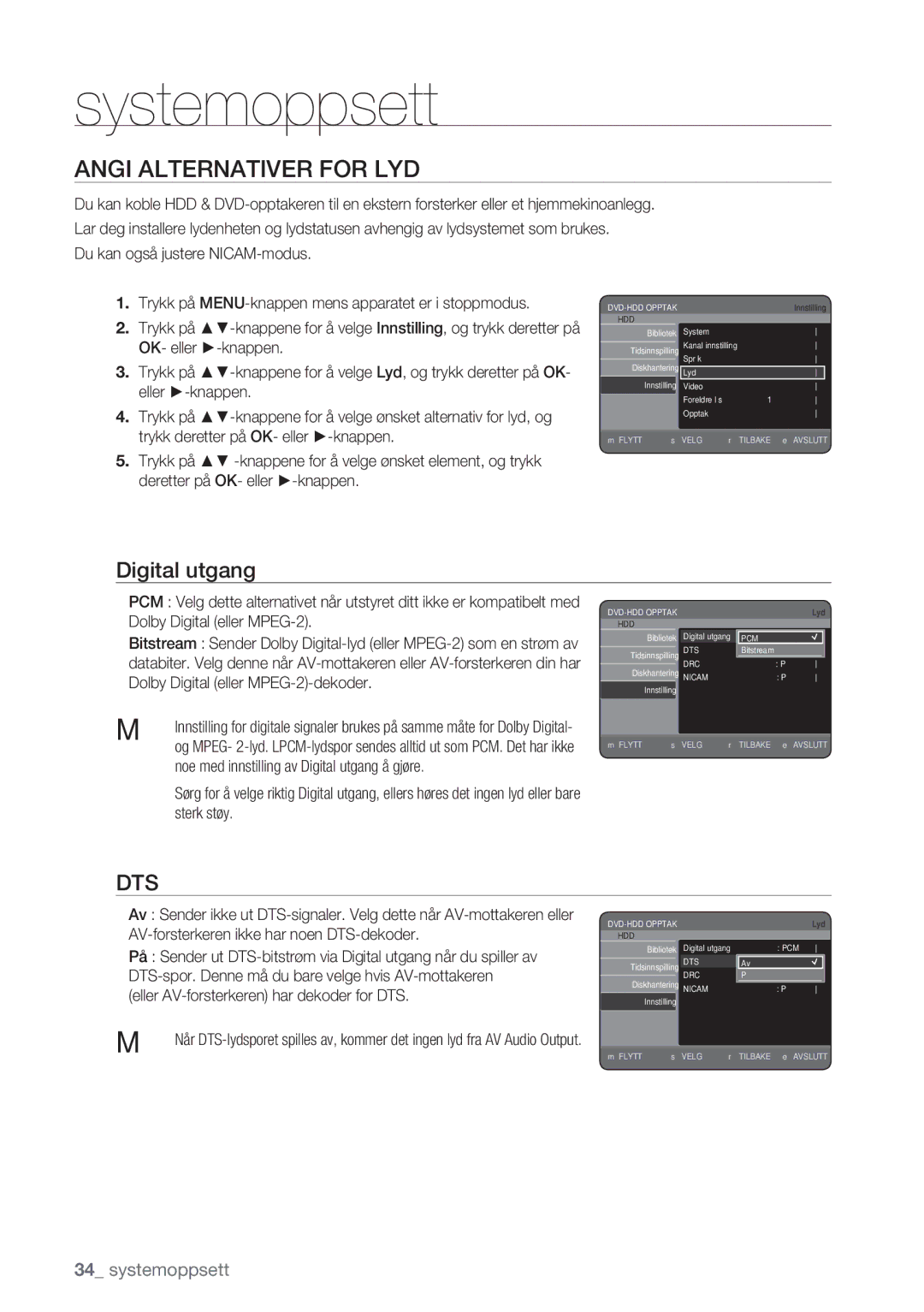 Samsung DVD-HR770/XEE manual Angi Alternativer for LYD, Digital utgang 