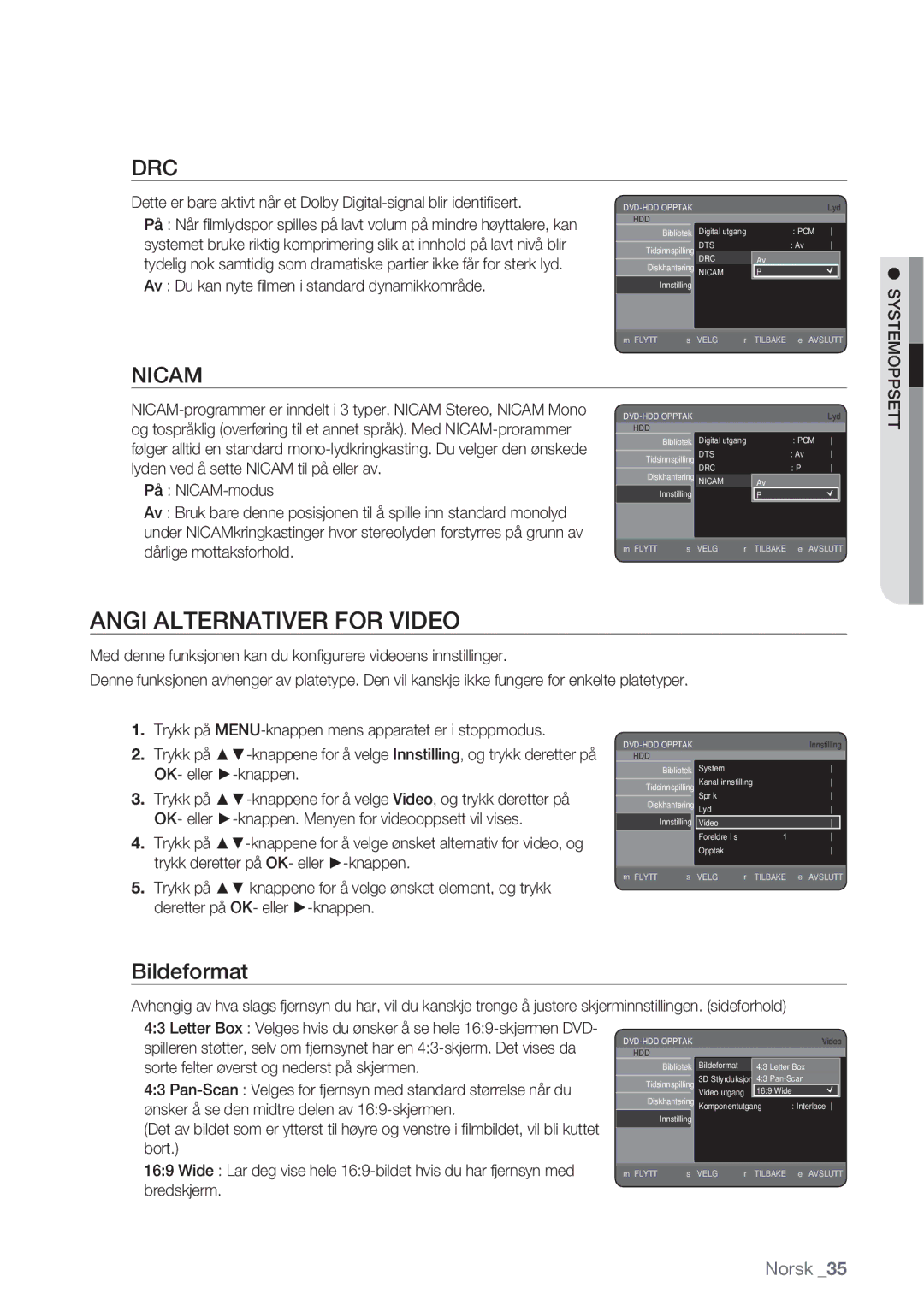 Samsung DVD-HR770/XEE manual Angi Alternativer for Video, Bildeformat 