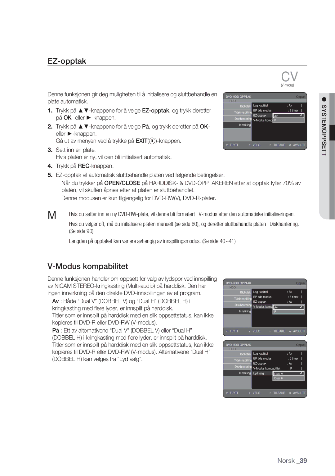 Samsung DVD-HR770/XEE manual EZ-opptak, Modus kompabilitet 