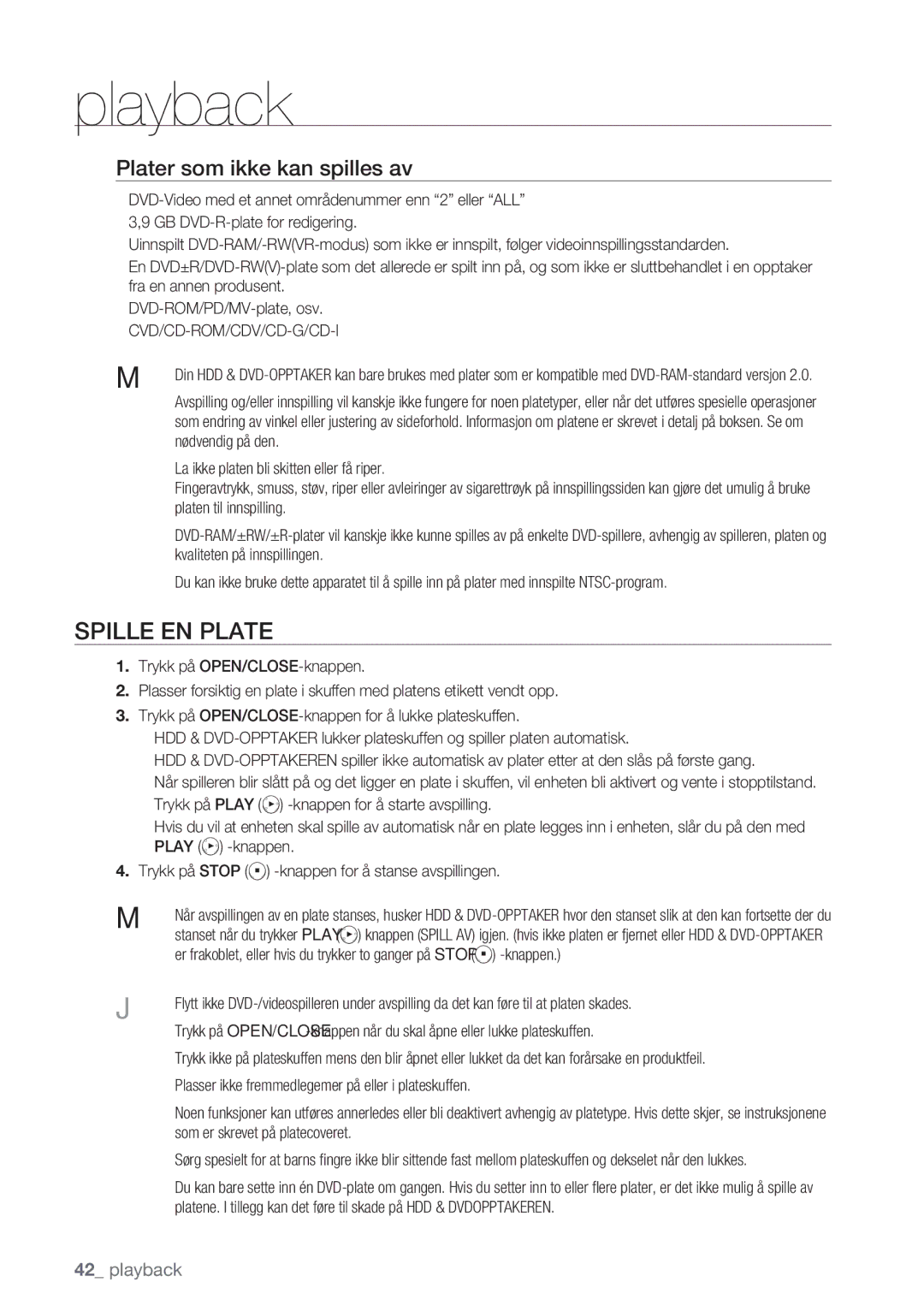 Samsung DVD-HR770/XEE manual Playback, Spille EN Plate, Plater som ikke kan spilles av, Cvd/Cd-Rom/Cdv/Cd-G/Cd-I 