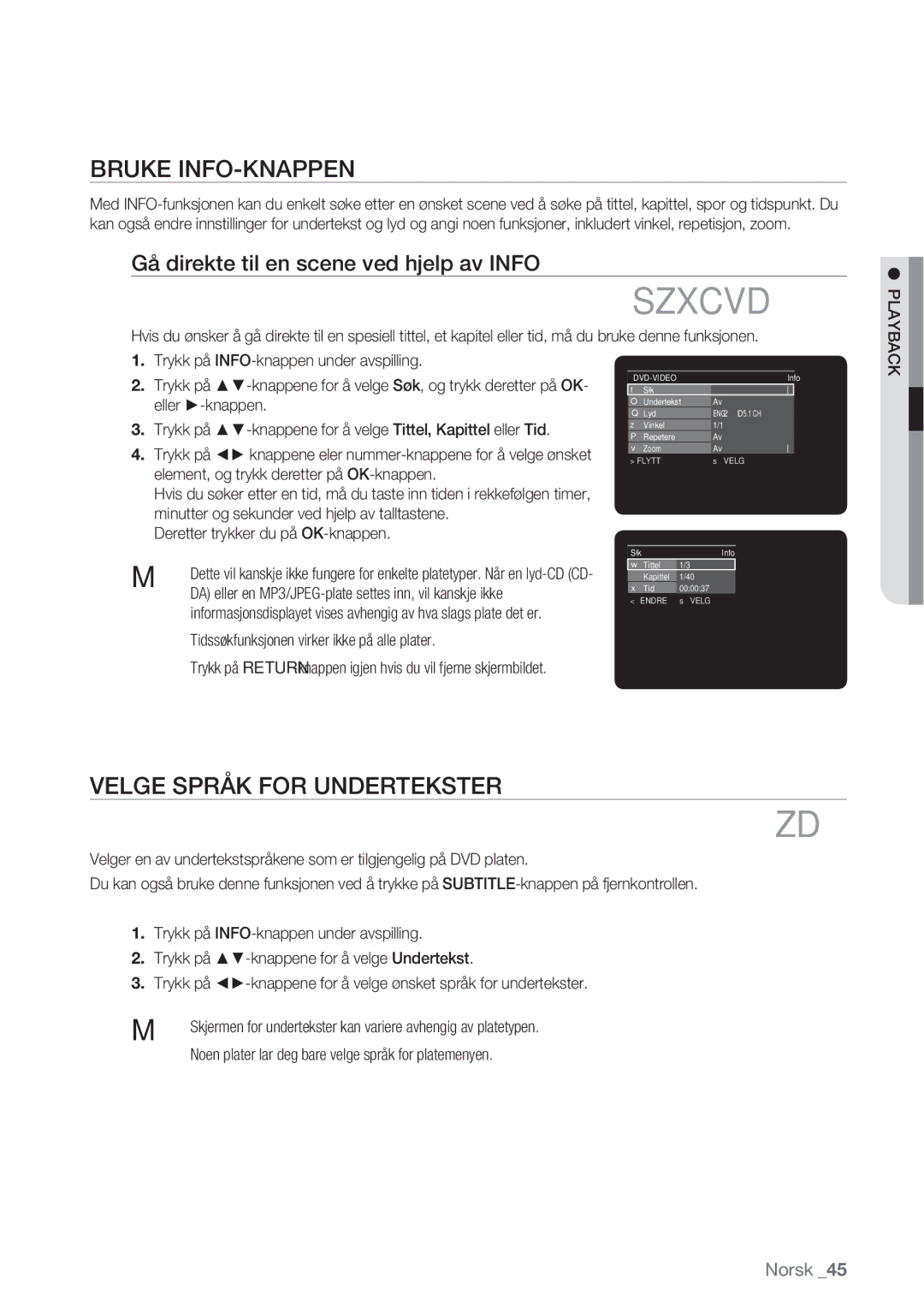 Samsung DVD-HR770/XEE manual Bruke INFO-KNAPPEN, Velge Språk for Undertekster, Gå direkte til en scene ved hjelp av Info 