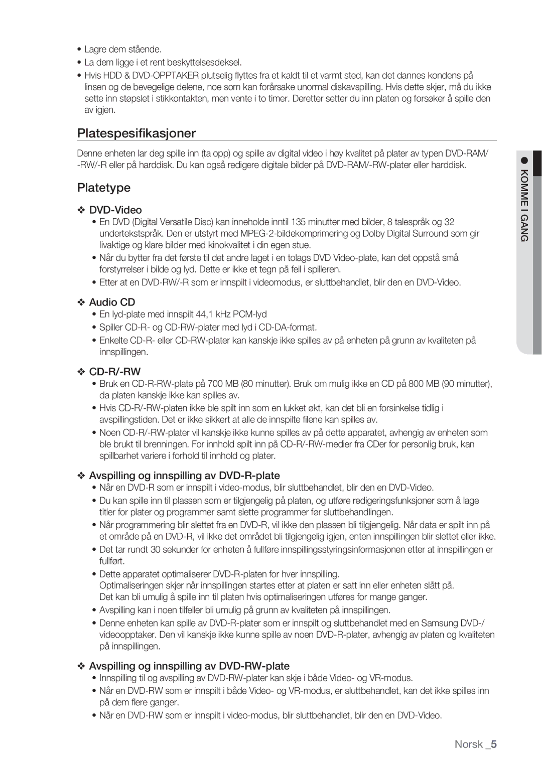 Samsung DVD-HR770/XEE manual Platespesiﬁkasjoner, Platetype 