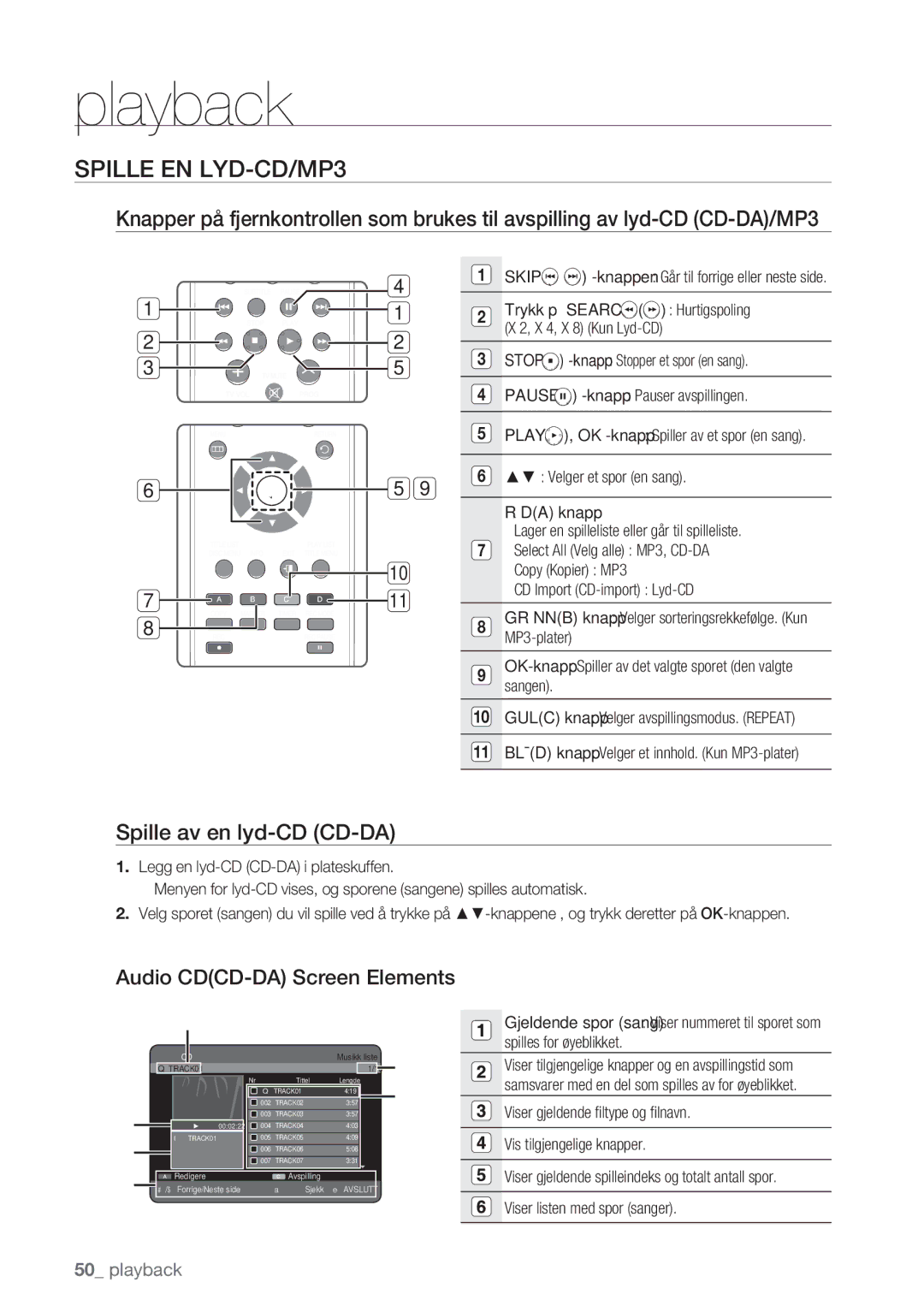 Samsung DVD-HR770/XEE manual Spille EN LYD-CD/MP3, Spille av en lyd-CD CD-DA, Audio CDCD-DA Screen Elements 