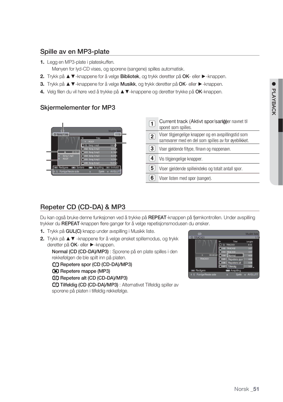 Samsung DVD-HR770/XEE manual Spille av en MP3-plate, Skjermelementer for MP3, Repeter CD CD-DA & MP3 