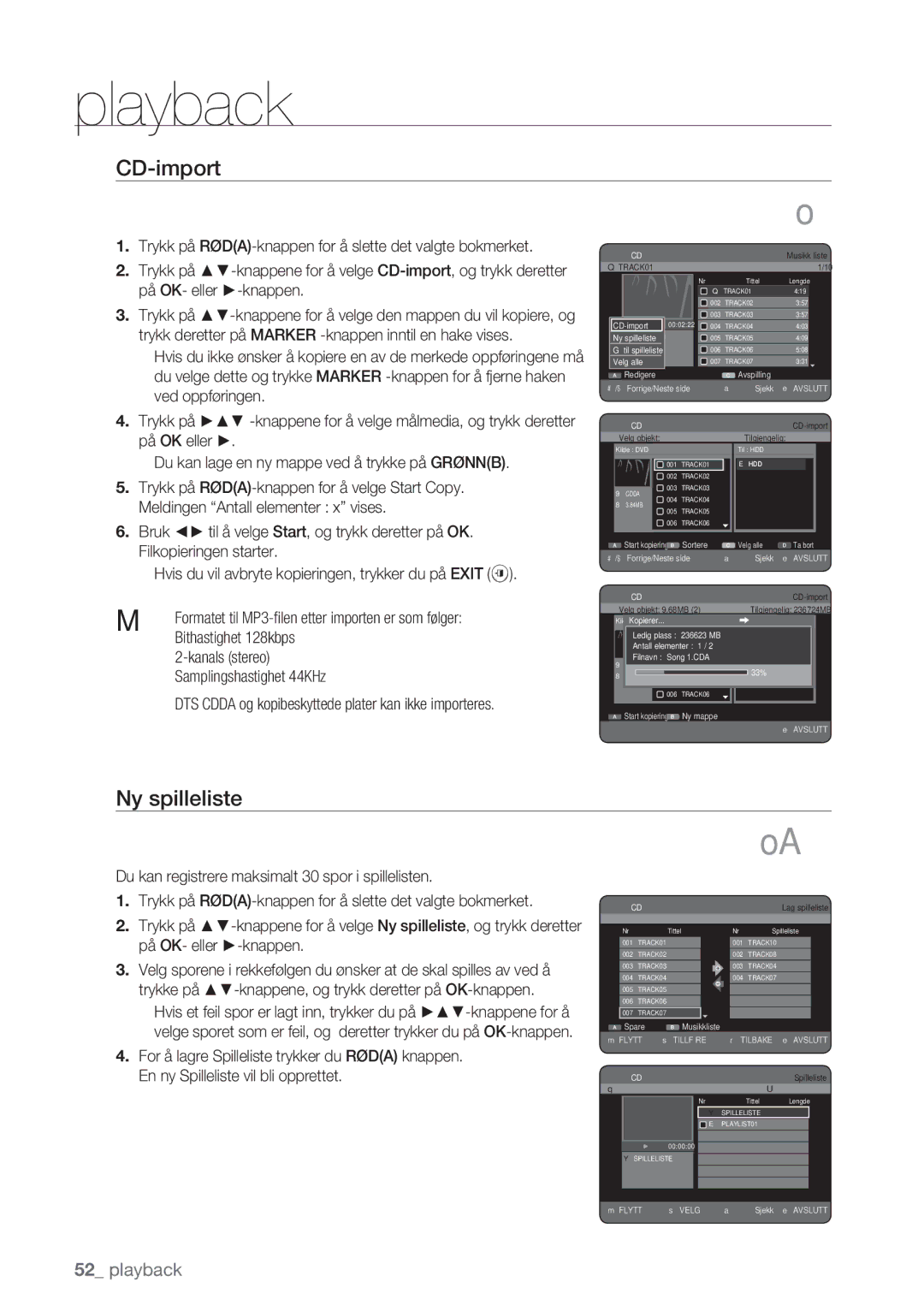 Samsung DVD-HR770/XEE manual CD-import, Ny spilleliste 