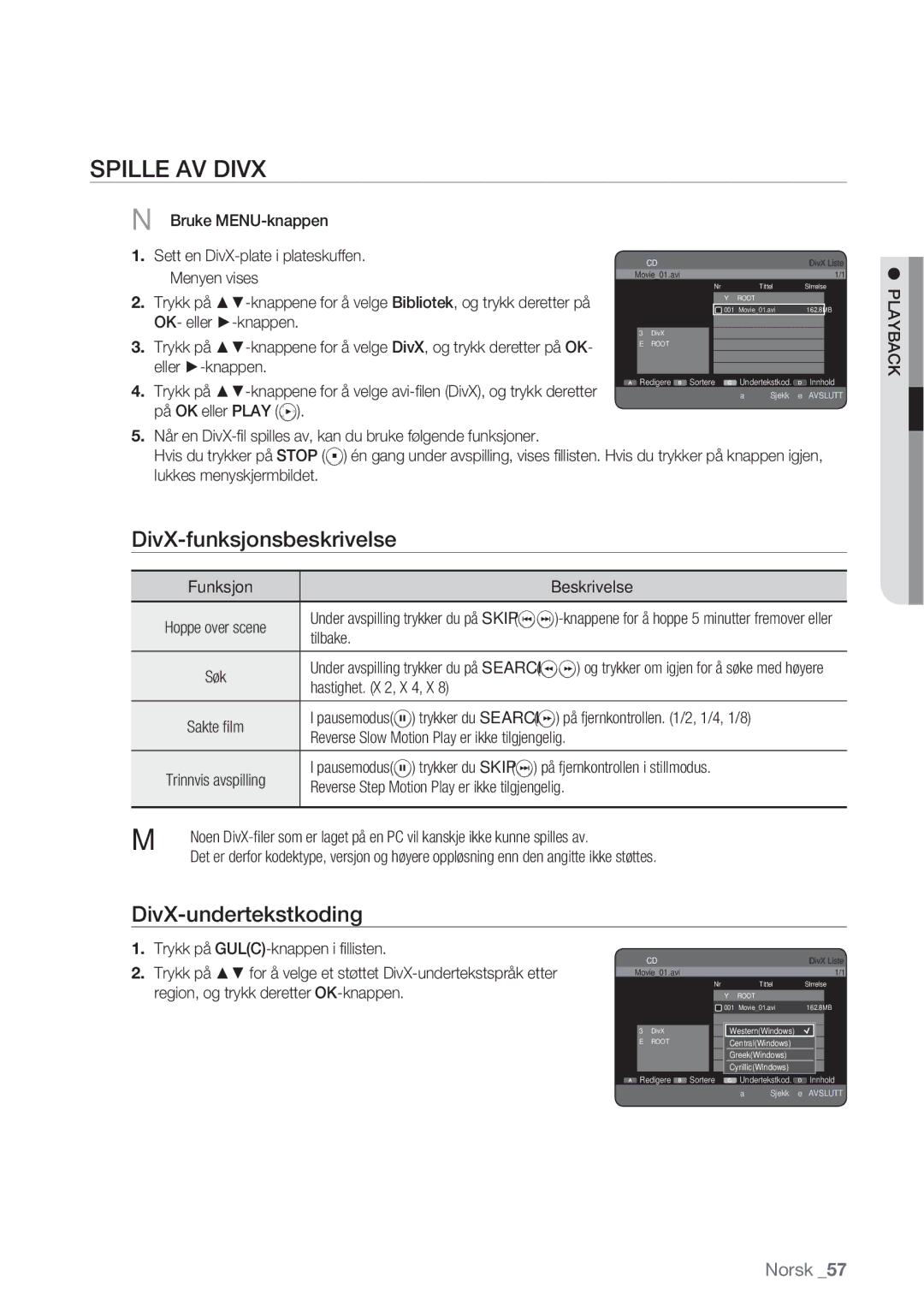 Samsung DVD-HR770/XEE manual Spille AV Divx, DivX-funksjonsbeskrivelse, DivX-undertekstkoding 