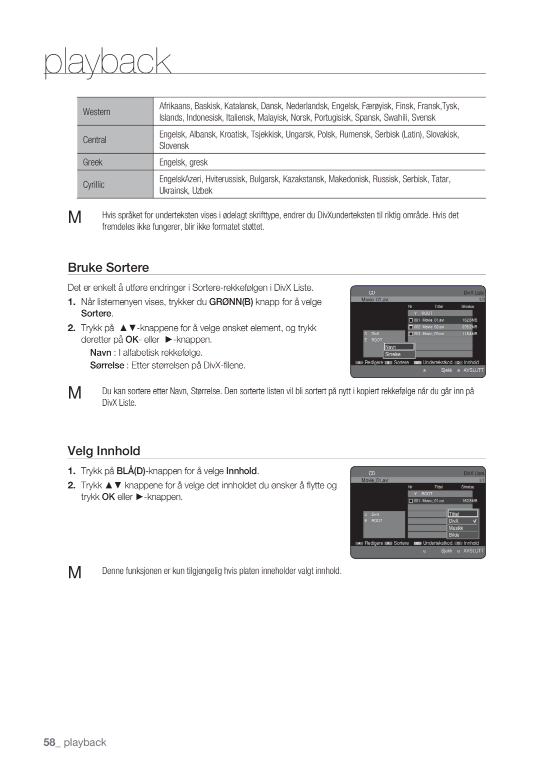 Samsung DVD-HR770/XEE manual Western, Central, Slovensk, Greek Engelsk, gresk Cyrillic, Ukrainsk, Uzbek 