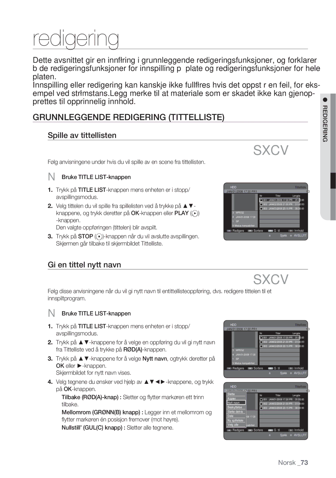 Samsung DVD-HR770/XEE manual Grunnleggende Redigering Tittelliste, Spille av tittellisten, Gi en tittel nytt navn 