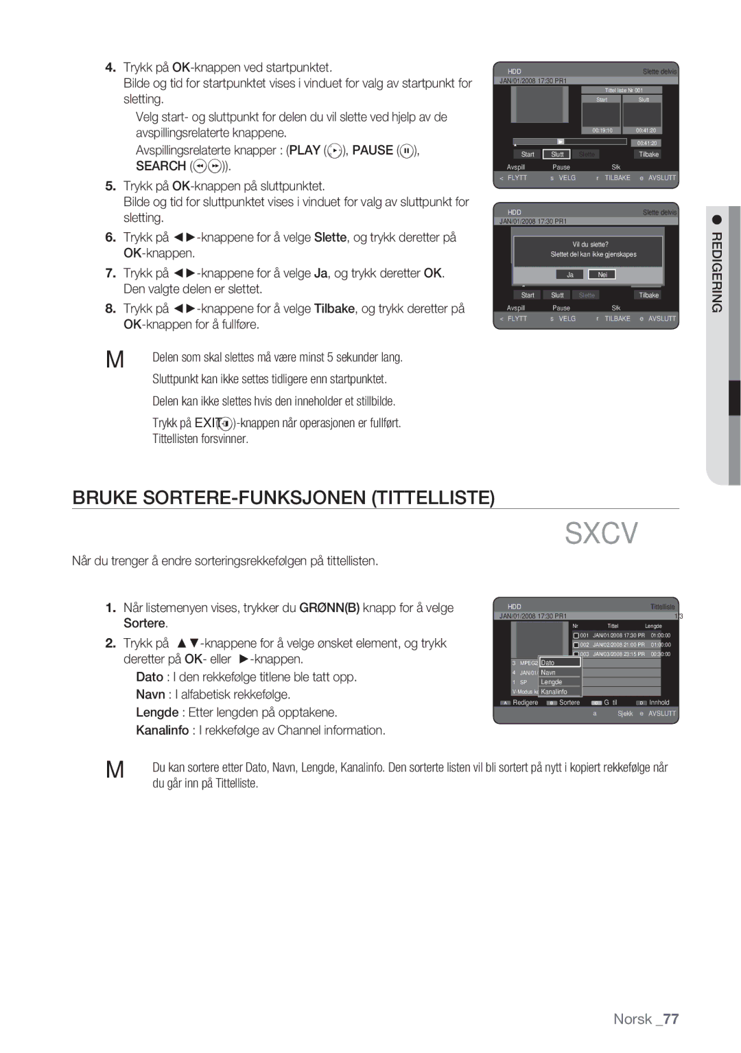 Samsung DVD-HR770/XEE manual Bruke SORTERE-FUNKSJONEN Tittelliste 