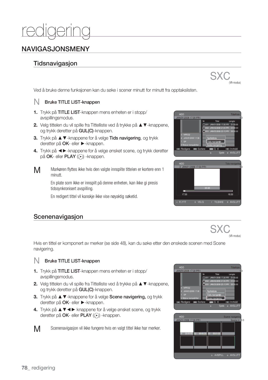 Samsung DVD-HR770/XEE manual Navigasjonsmeny, Tidsnavigasjon, Scenenavigasjon 