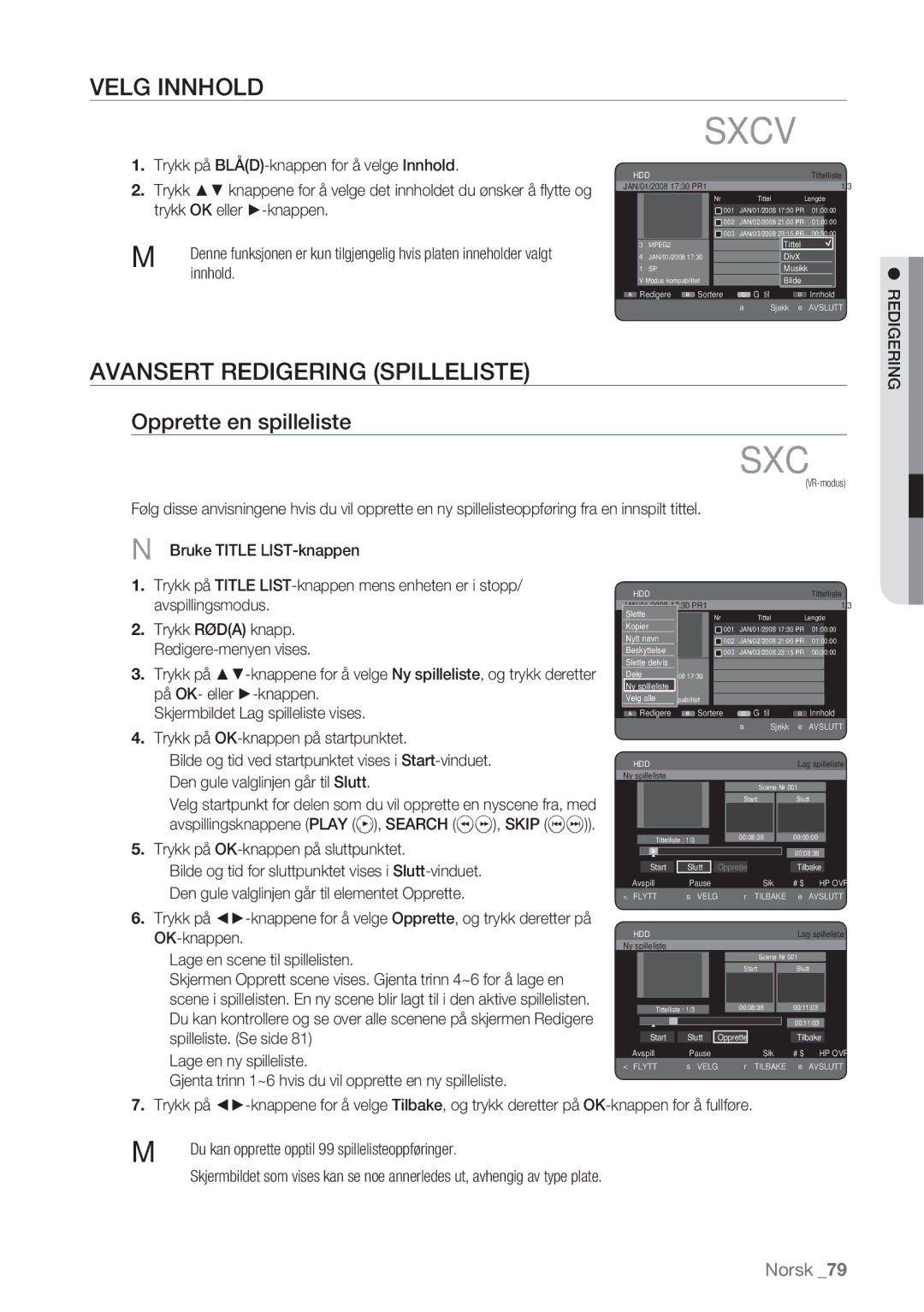 Samsung DVD-HR770/XEE manual Velg Innhold, Avansert Redigering Spilleliste, Opprette en spilleliste, Search 