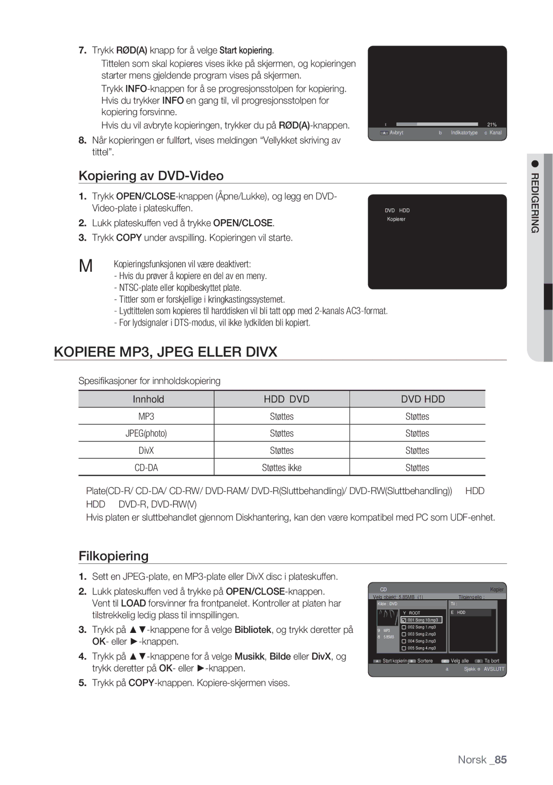 Samsung DVD-HR770/XEE manual Kopiere MP3, Jpeg Eller Divx, Kopiering av DVD-Video, Filkopiering 