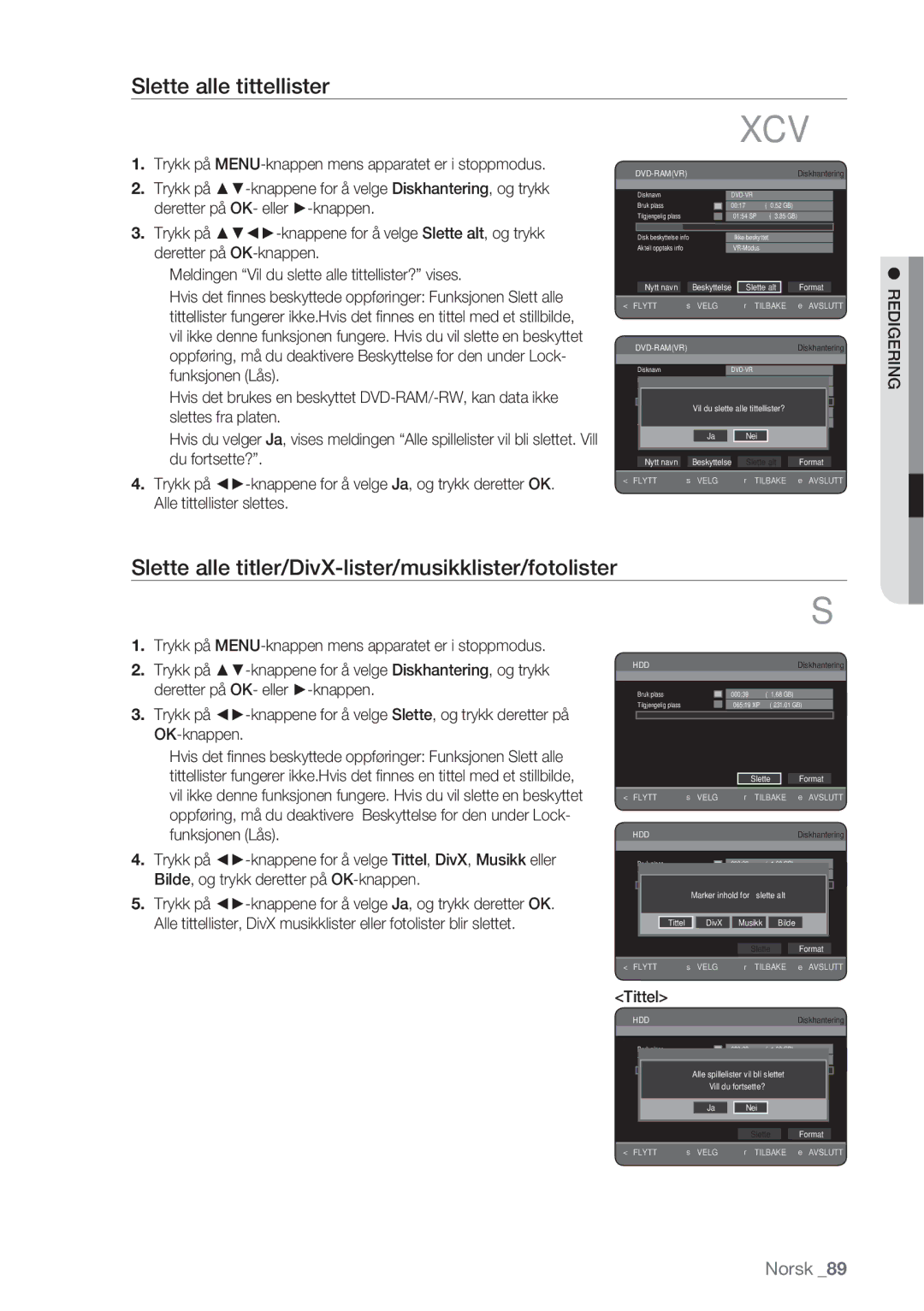 Samsung DVD-HR770/XEE manual Slette alle tittellister, Slette alle titler/DivX-lister/musikklister/fotolister, Tittel 