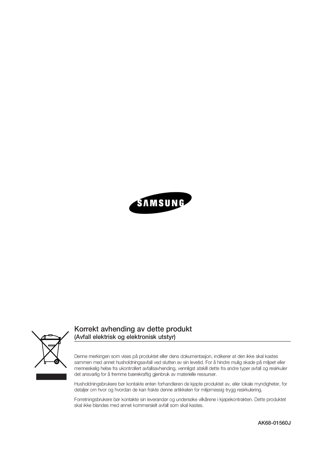 Samsung DVD-HR770/XEE manual Korrekt avhending av dette produkt, Avfall elektrisk og elektronisk utstyr 