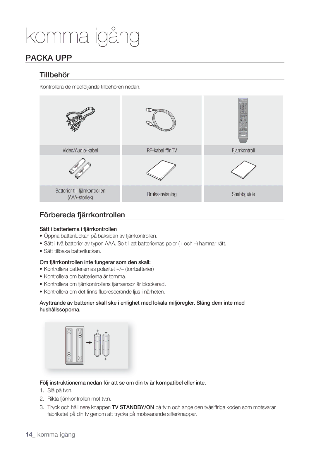 Samsung DVD-HR770/XEE manual Packa UPP, Tillbehör, Förbereda fjärrkontrollen 