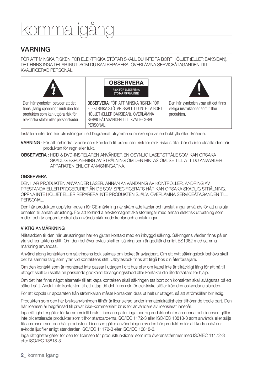 Samsung DVD-HR770/XEE manual Komma igång, Varning, Produkten, Personal, Viktig Anmärkning 