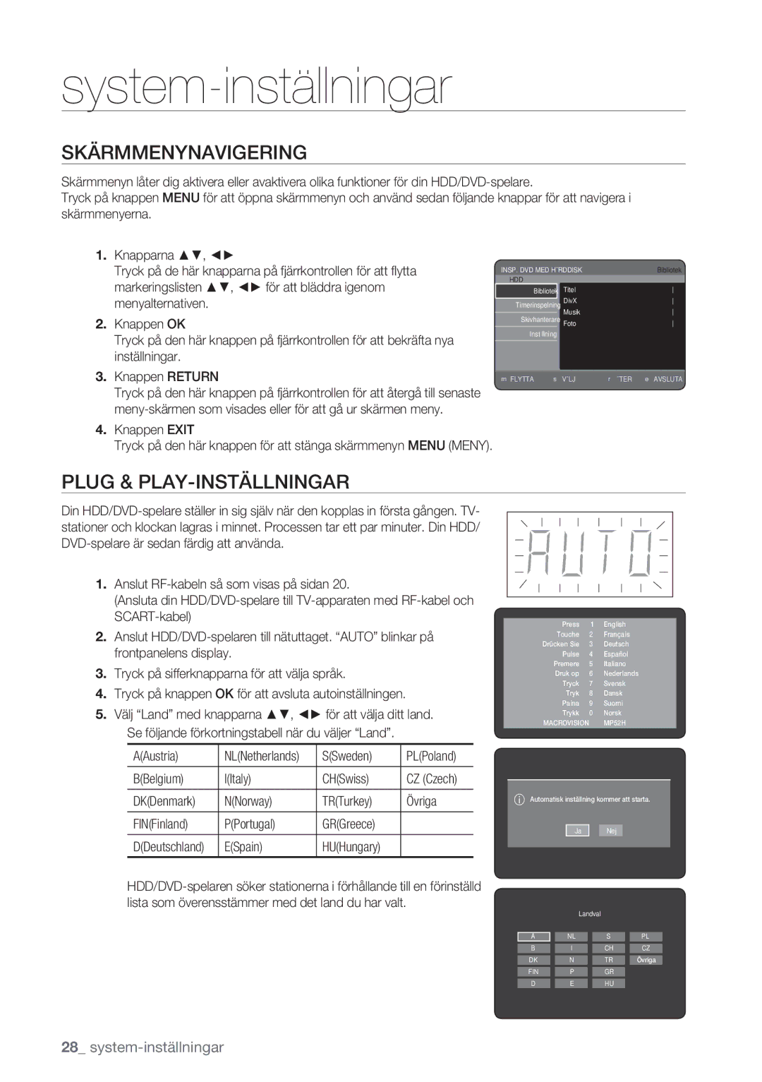 Samsung DVD-HR770/XEE manual System-inställningar, Skärmmenynavigering, Plug & PLAY-INSTÄLLNINGAR 