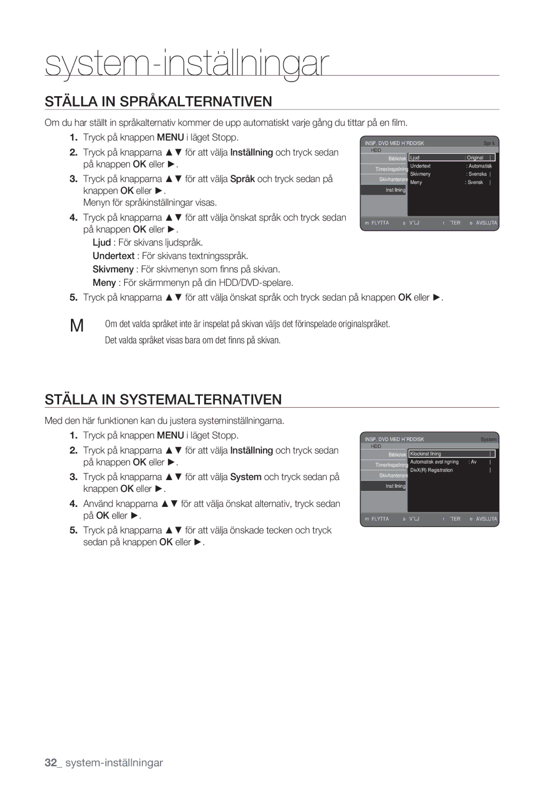 Samsung DVD-HR770/XEE manual Ställa in Språkalternativen, Ställa in Systemalternativen 