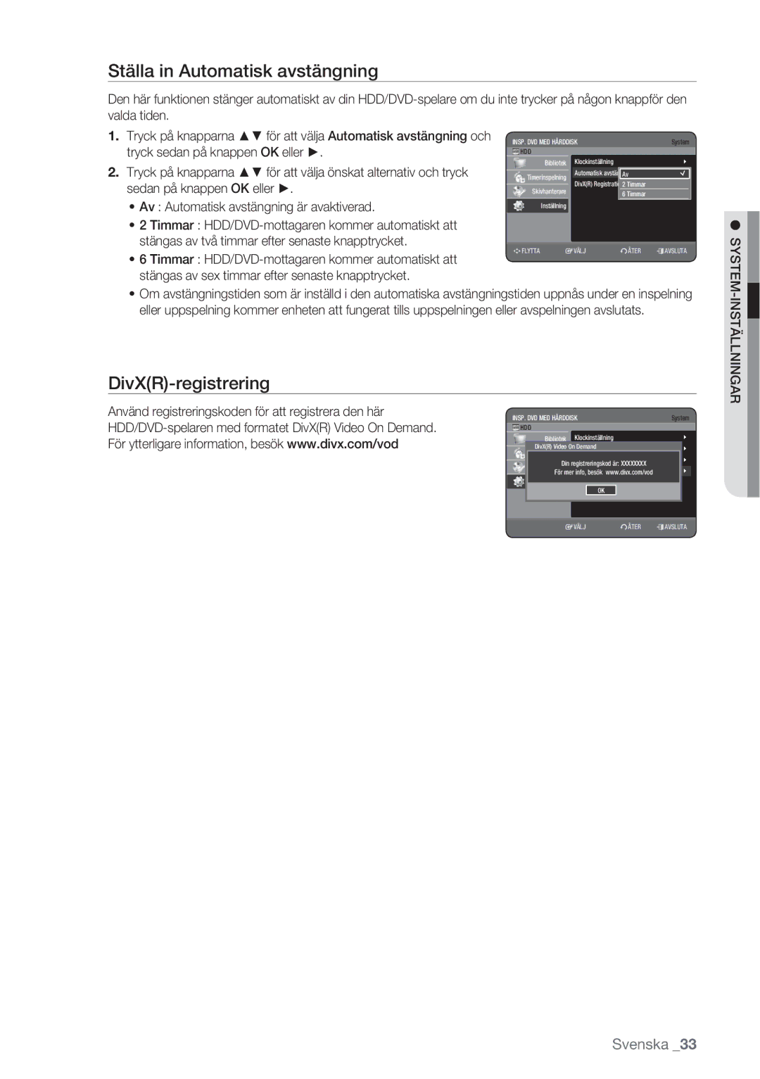 Samsung DVD-HR770/XEE manual Ställa in Automatisk avstängning, DivXR-registrering, Inställningar 