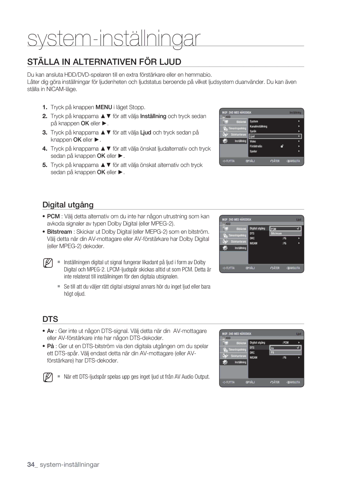 Samsung DVD-HR770/XEE manual Ställa in Alternativen FÖR Ljud, Digital utgång 