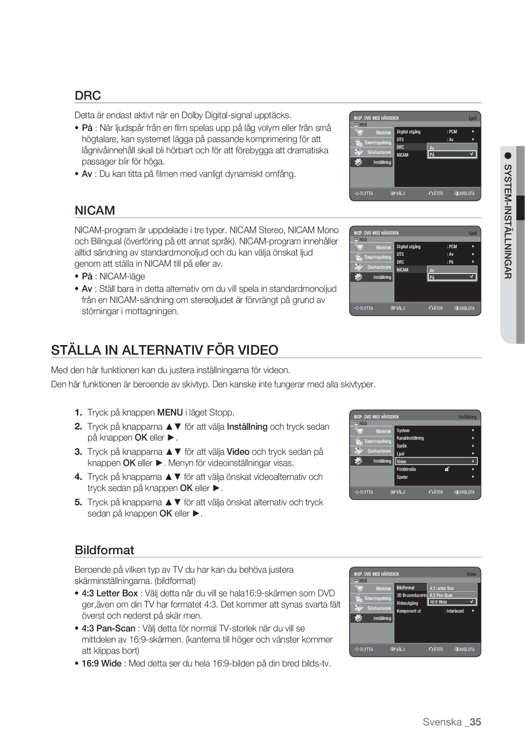 Samsung DVD-HR770/XEE Ställa in Alternativ FÖR Video, Bildformat, Av Du kan titta på ﬁlmen med vanligt dynamiskt omfång 