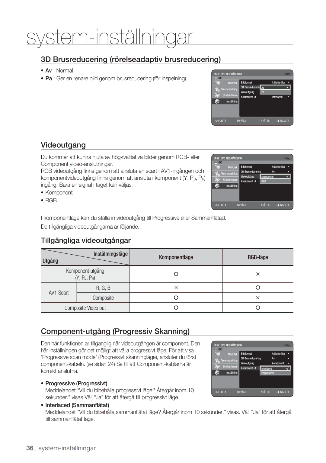 Samsung DVD-HR770/XEE manual 3D Brusreducering rörelseadaptiv brusreducering, Videoutgång, Tillgängliga videoutgångar, Rgb 