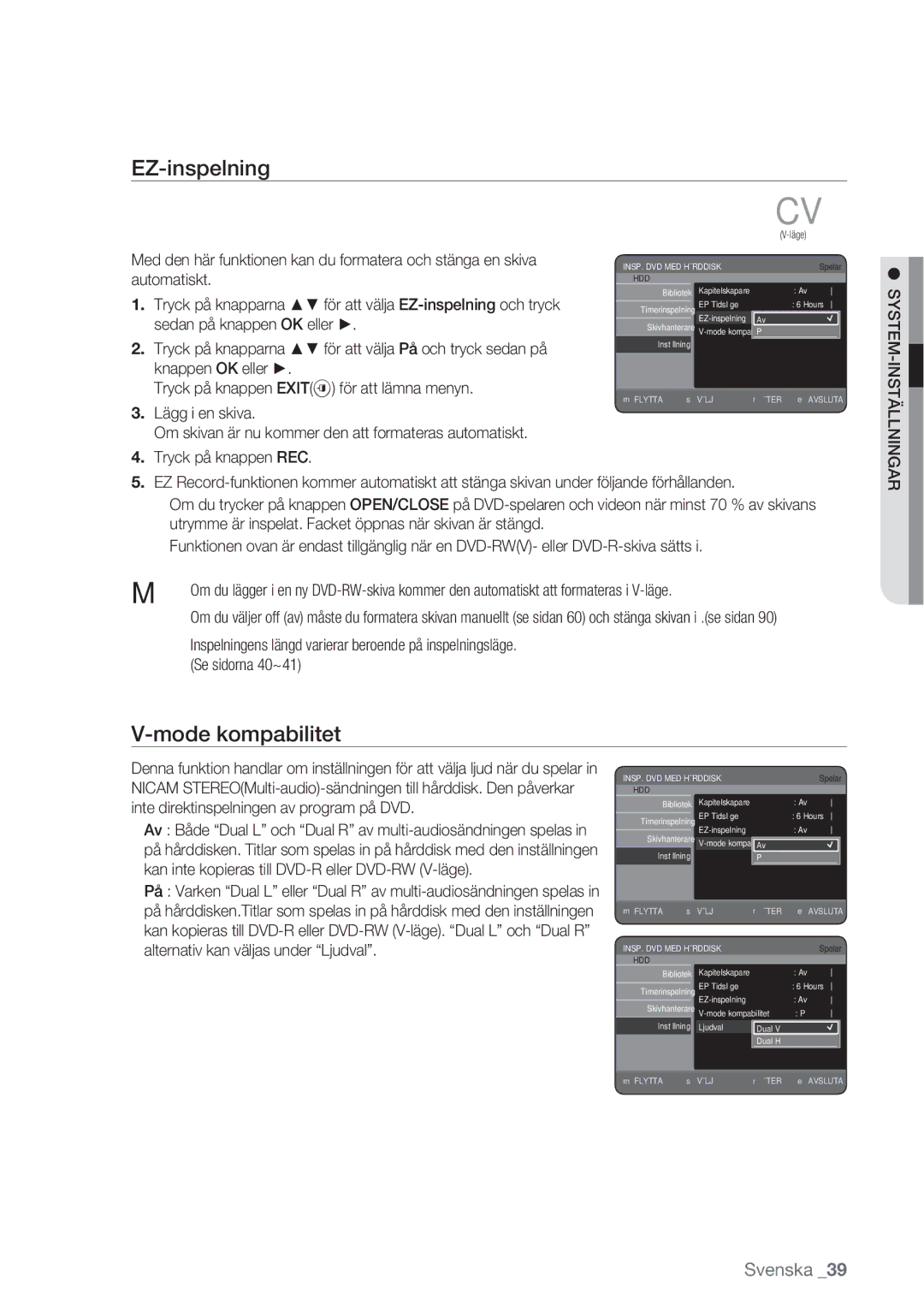 Samsung DVD-HR770/XEE manual EZ-inspelning, Mode kompabilitet, System 