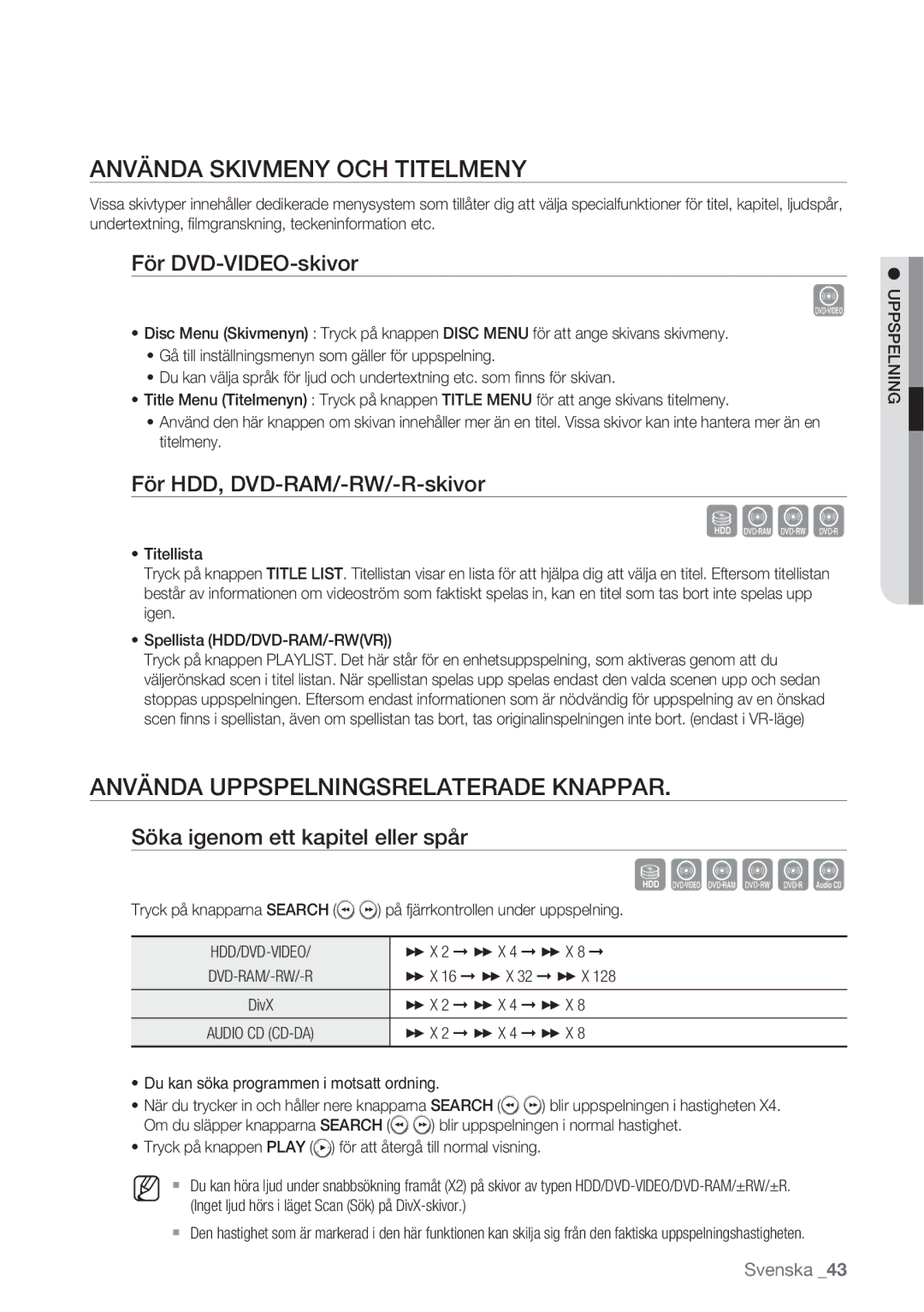 Samsung DVD-HR770/XEE manual Använda Skivmeny OCH Titelmeny, Använda Uppspelningsrelaterade Knappar, För DVD-VIDEO-skivor 