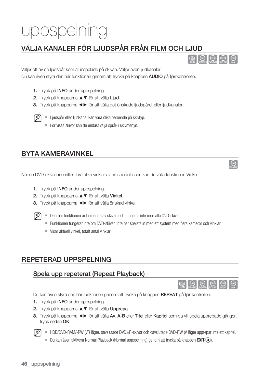 Samsung DVD-HR770/XEE manual Välja Kanaler FÖR Ljudspår Från Film OCH Ljud, Byta Kameravinkel, Repeterad Uppspelning 